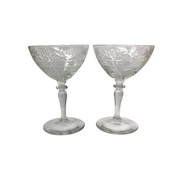 Set of 2 Floral Etched Art Deco Crystal Cut Glass Cocktail Cordial Glasses - Picture 3 of 10
